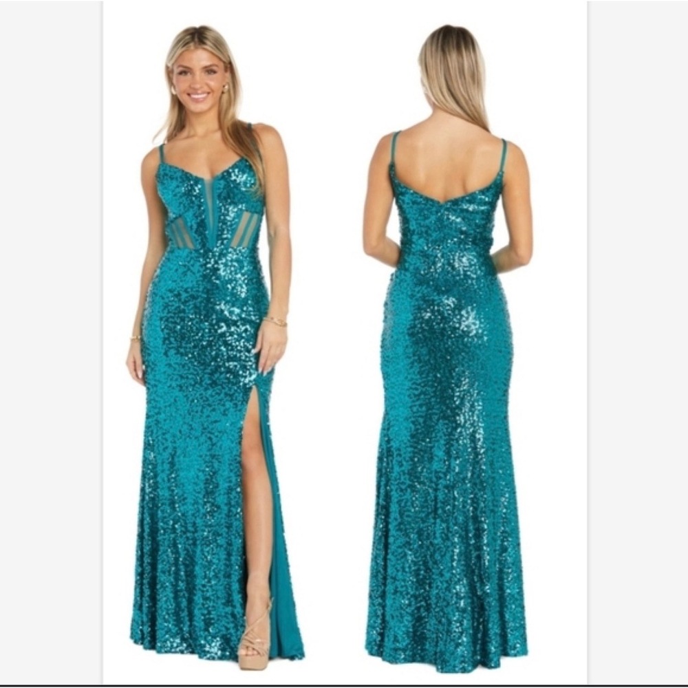 Morgan & Co Teal Sequin Mesh Corset Maxi Dress Formal Prom Gown Side Slit